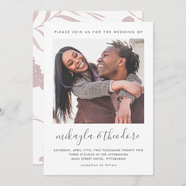 Modern Script Botanical Photo Wedding Invitation (Front/Back)