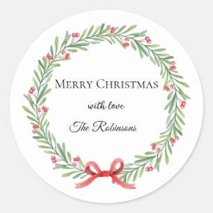 Modern Script Botanical Wreath Christmas Classic Round Sticker