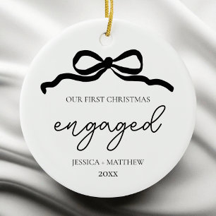 Modern Script Bow First Christmas Engaged Photo Ceramic Ornament