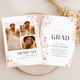 Modern Script Bow Floral Photo Collage Graduation Announcement