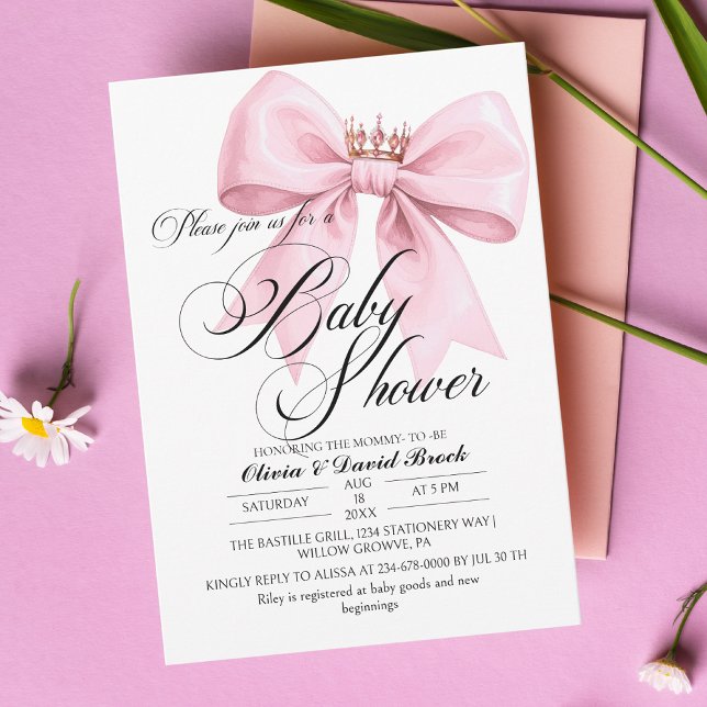 Modern Script Bow Pink Baby Shower Invitation (Creator Uploaded)