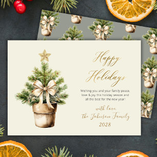 Modern Script Bow Watercolor Christmas Tree Happy Holiday Card