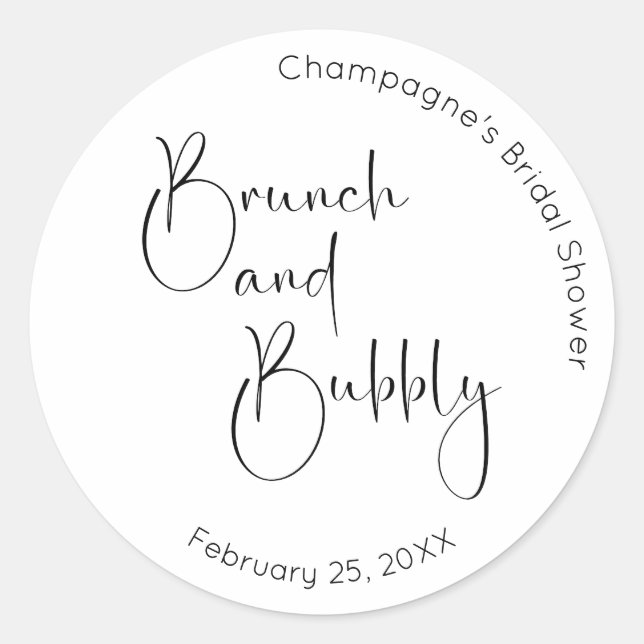 Modern Script Bridal Shower Brunch and Bubbly Classic Round Sticker (Front)