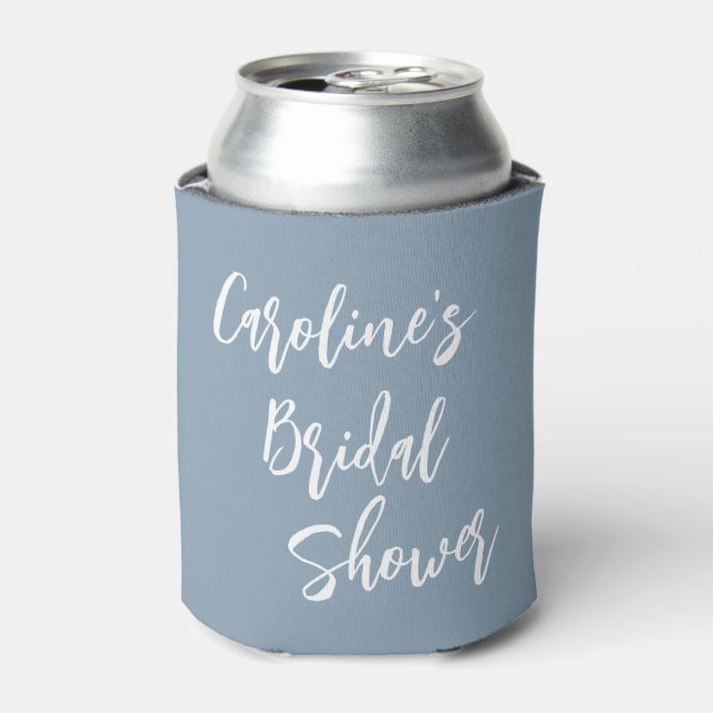 Modern Script Bridal Shower Custom Dusty Blue Can Cooler (Can Front)