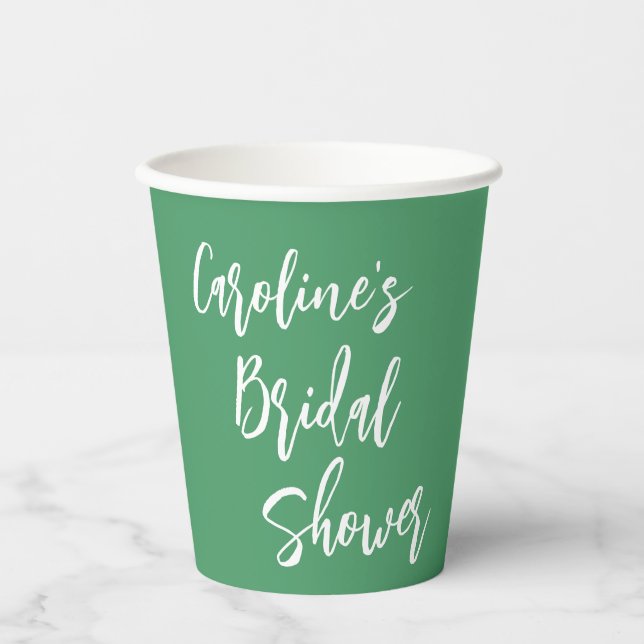 Modern Script Bridal Shower Custom Kelly Green Paper Cups (Front)
