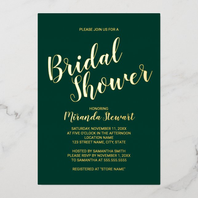 Modern Script Bridal Shower Emerald and Gold  (Front)