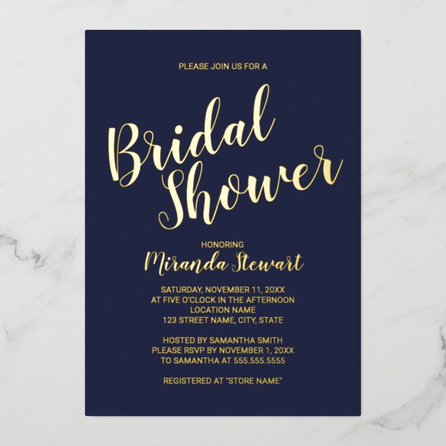 Modern Script Bridal Shower Navy and  Gold  (Front)