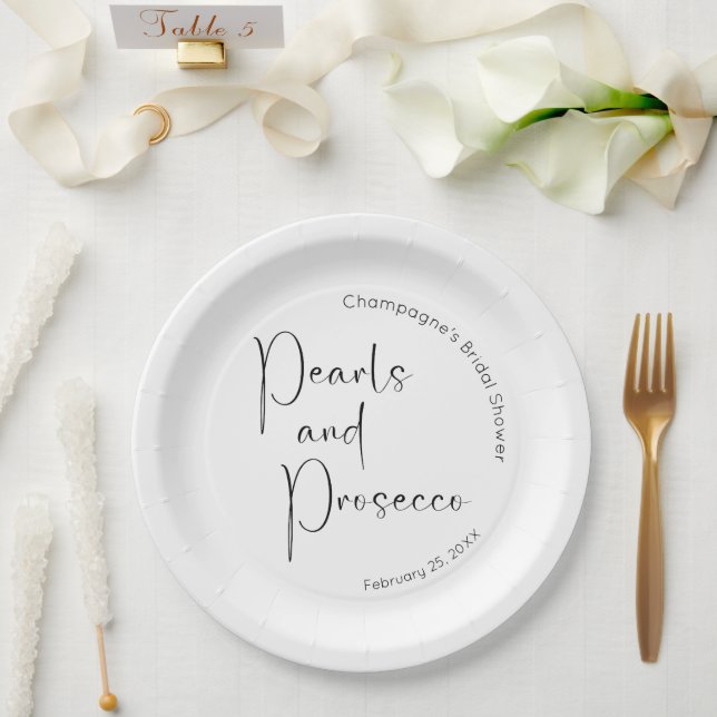 Modern Script Bridal Shower Pearls and Prosecco Paper Plate (Wedding)