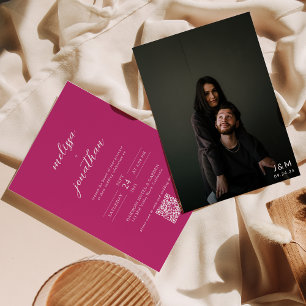 Modern Script Bright Pink Monogram QR code Wedding Invitation