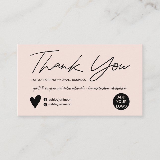 Modern script brush blush pink order thank you business card (Front)