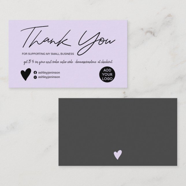 Modern script brush lavender order thank you business card (Front/Back)