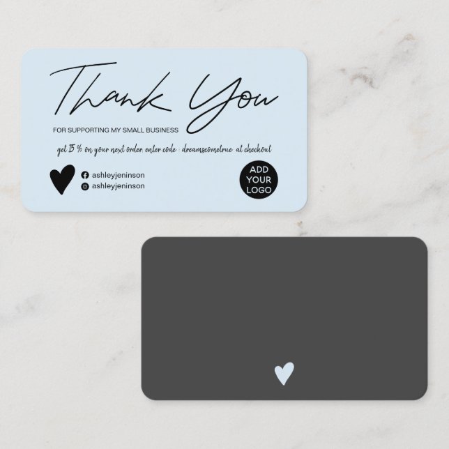 Modern script brush pastel blue order thank you business card (Front/Back)