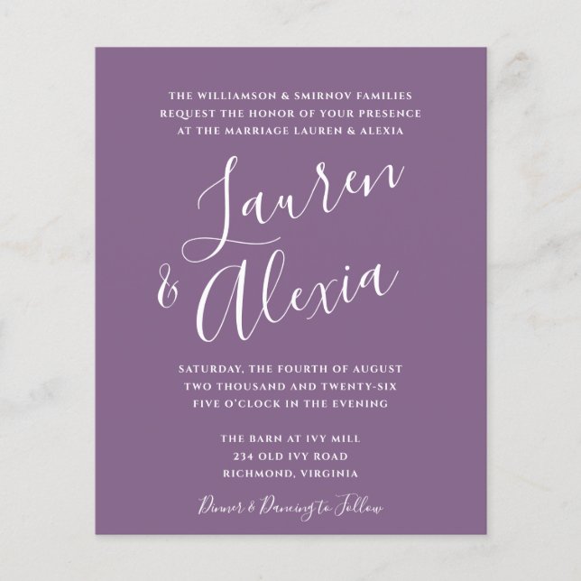Modern Script Budget Dusty Purple Wedding  (Front)