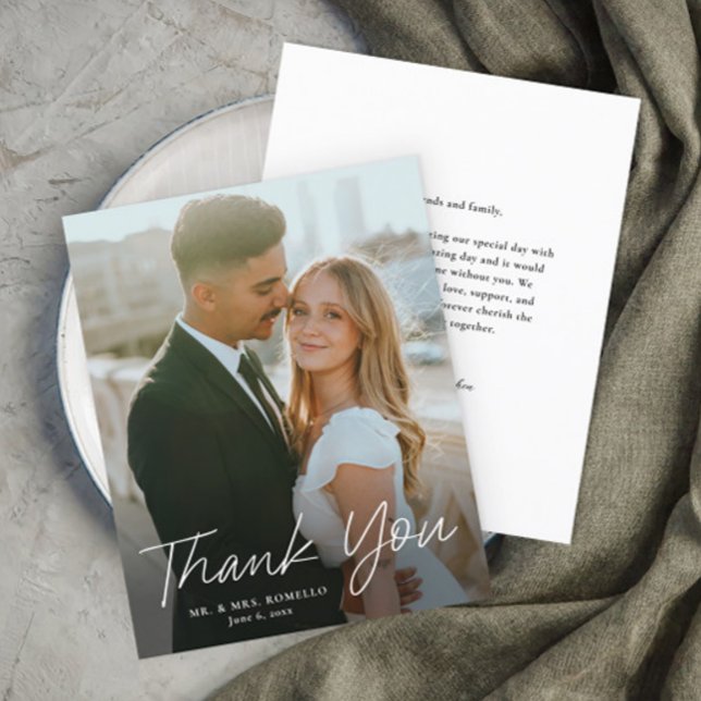 Modern Script Budget Photo Wedding Thank You Card (Budget Modern Script Simple Wedding Photo Thank You Cards.)