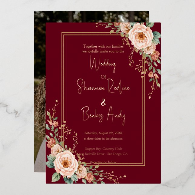 Modern Script Burgundy and blush floral wedding  (Front/Back)