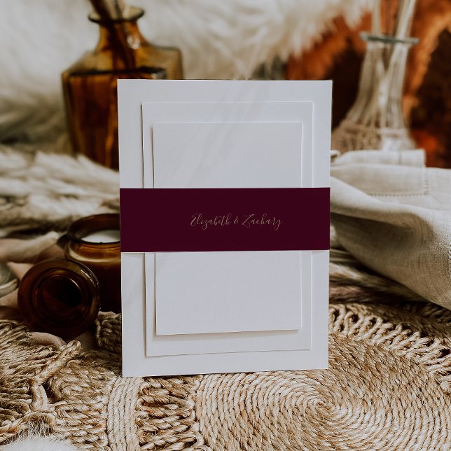 Modern Script Burgundy Gold Wedding Invitation Belly Band (Creator Uploaded)