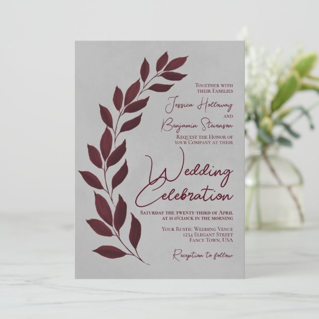 Modern Script Burgundy Leaves on Grey Wedding Invitation (Standing Front)