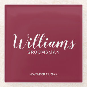 Modern Script Burgundy Red Personalised Groomsman Glass Coaster