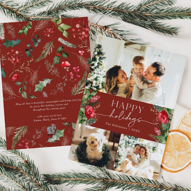 Modern Script Burgundy Red Winter Foliage Photo Holiday Card (Creator Uploaded)