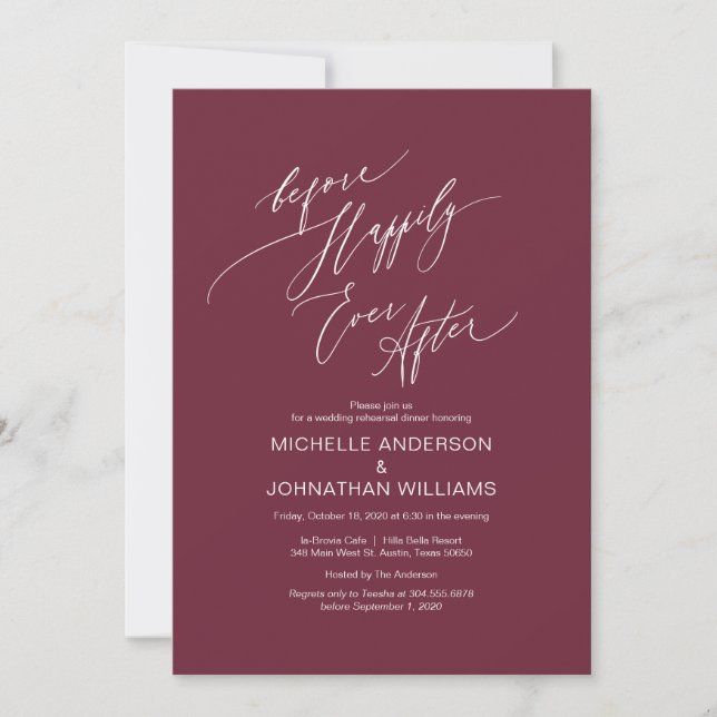 Modern Script, Burgundy, Wedding Rehearsal Dinner Invitation (Front)