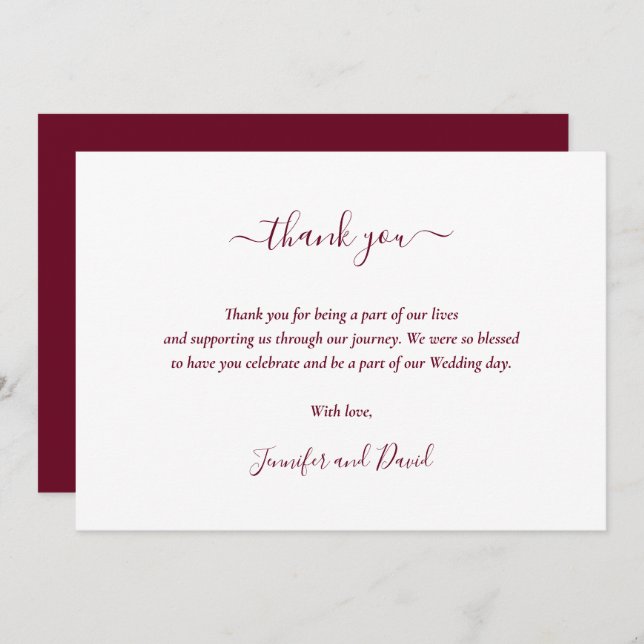 Modern Script Burgundy Wedding Thank You Card (Front/Back)