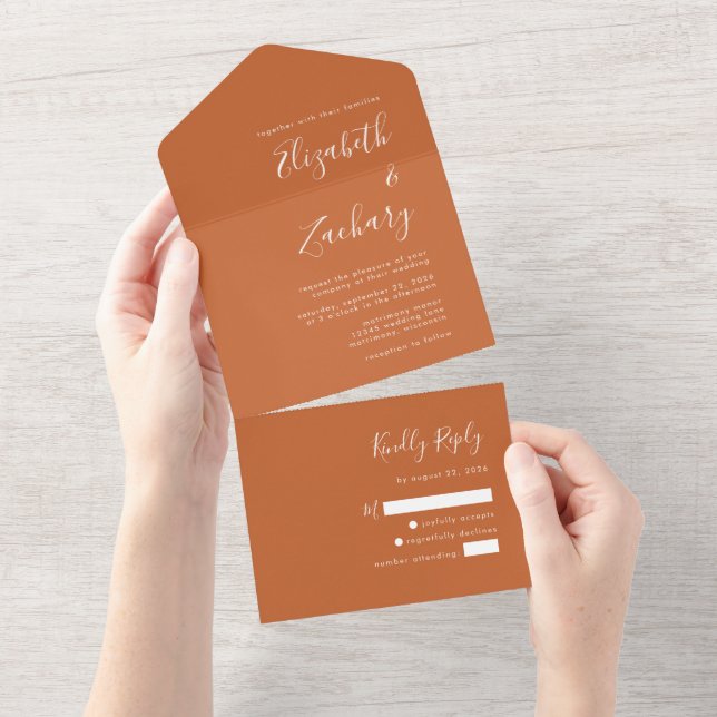 Modern Script Burnt Orange Wedding All In One Invitation (Tearaway)