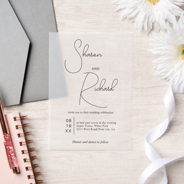 Modern script calligraphy black wedding vellum invitations (Wedding)