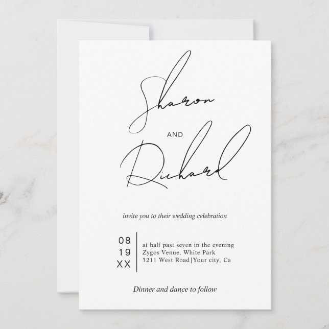 Modern script calligraphy black, white wedding invitation (Front)