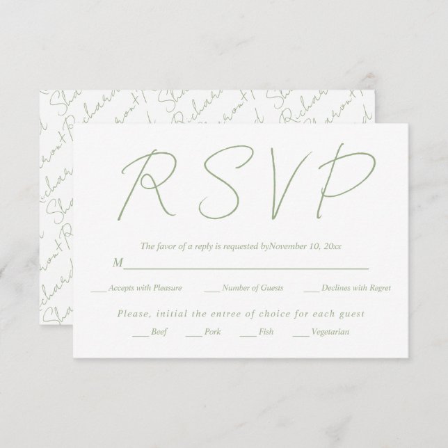 Modern script calligraphy bsage green wedding RSVP card (Front/Back)