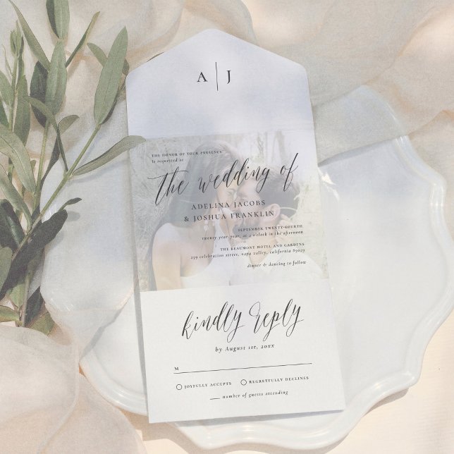 Modern Script Calligraphy Engagement Photo Wedding All In One Invitation (Creator Uploaded)