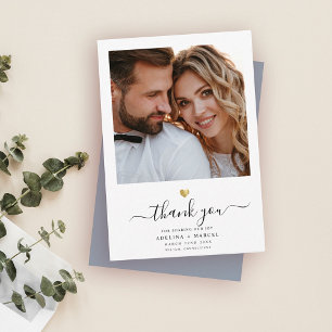 Modern Script Calligraphy Gold Heart Wedding Photo Thank You Card
