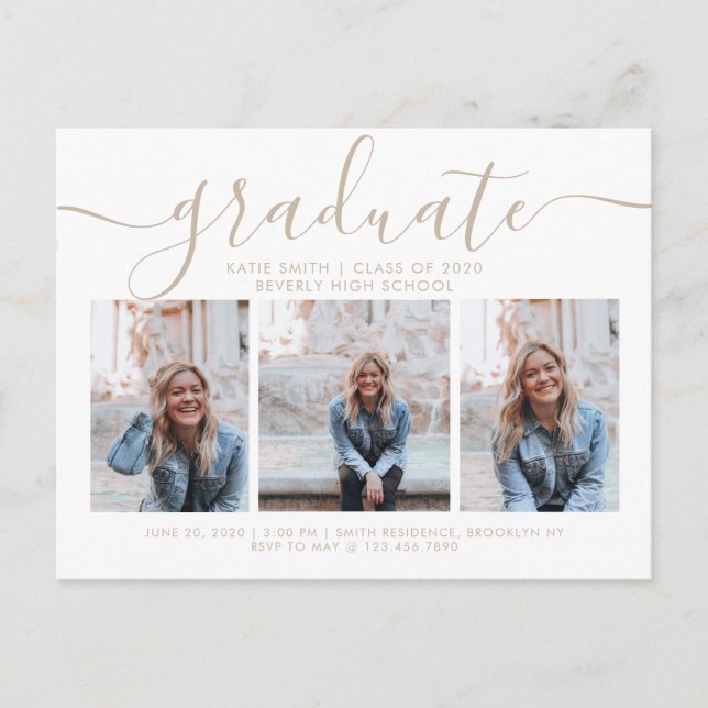 Modern Script Calligraphy Graduation 3 Photo Invitation Postcard (Front)