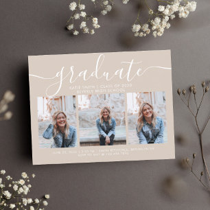 Modern Script Calligraphy Graduation 3 Photo Taupe Invitation Postcard