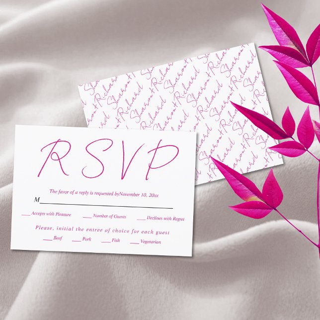 Modern script calligraphy  magenta pink wedding RSVP card (Creator Uploaded)