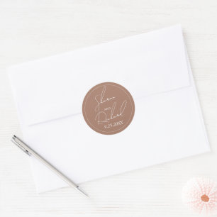 Modern script calligraphy mocha minimalist wedding classic round sticker