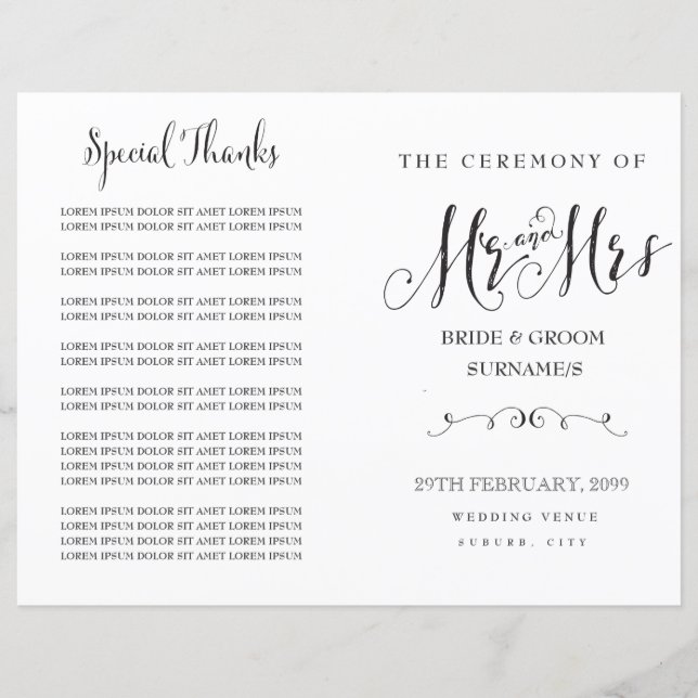 Modern Script Calligraphy Mr & Mrs Wedding Program (Front)