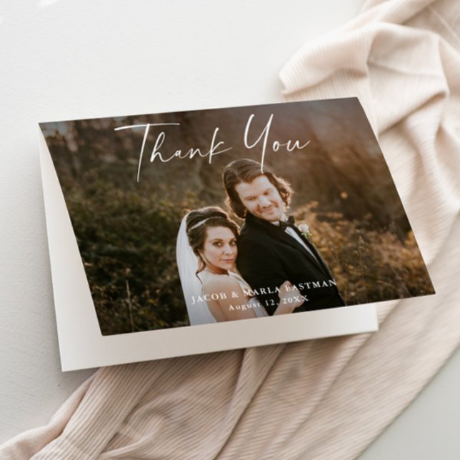 Modern Script Calligraphy Photo Wedding Thank You Card (Modern script wedding photo thank you cards.)
