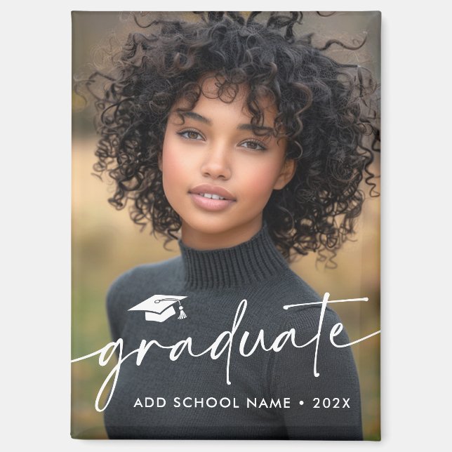 Modern script cap photo graduation year school magnet (Front)