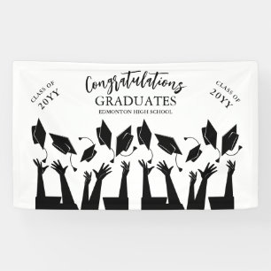 Modern Script Cap Toss White Graduation Party Banner