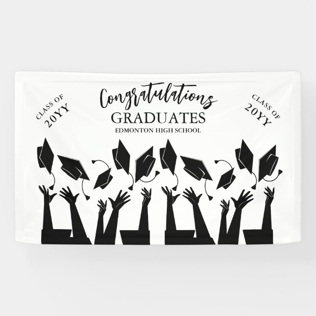 Modern Script Cap Toss White Graduation Party Banner (Horizontal)