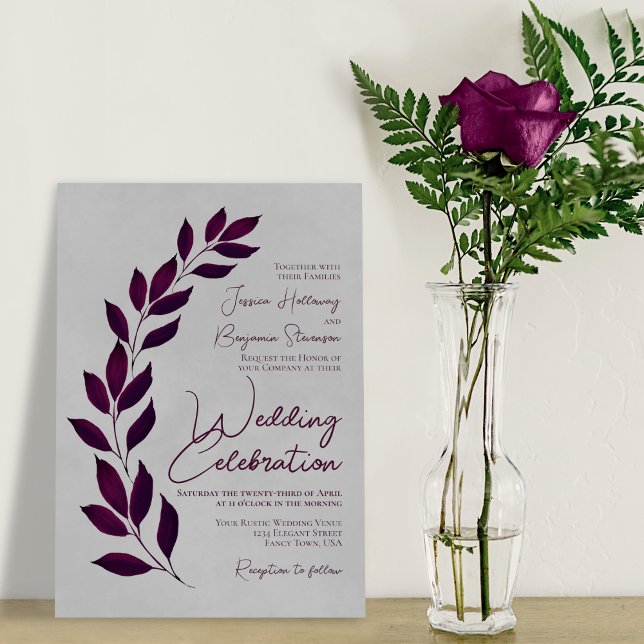 Modern Script Cassis Purple Leaves on Grey Wedding Invitation (Creator Uploaded)