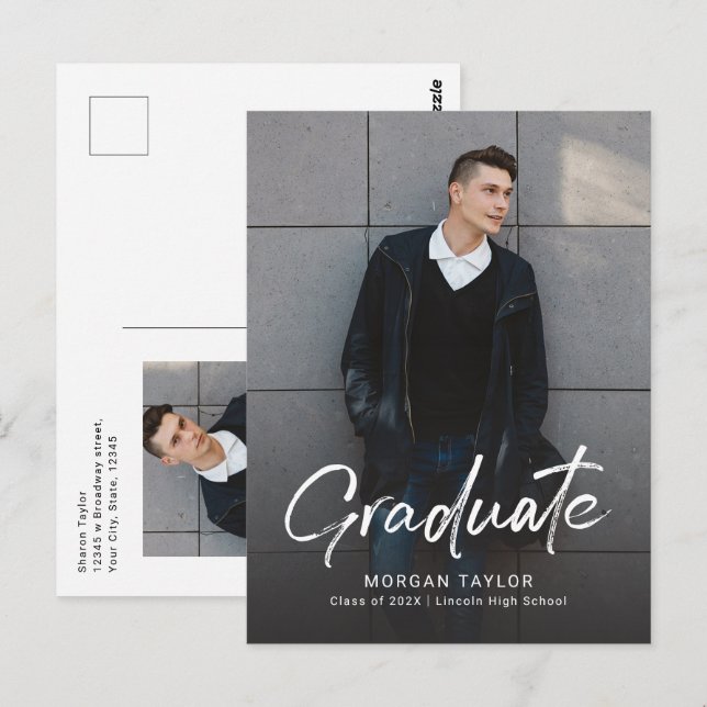 Modern Script Casual Photo Graduation Announcement Postcard (Front/Back)