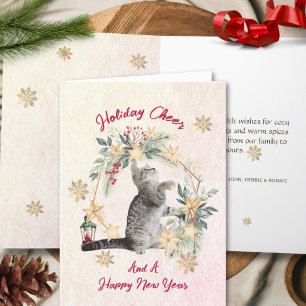 Modern Script Cat Watercolor New Year Christmas Holiday Card