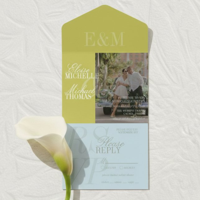 Modern Script Chartreuse and Blue Wedding All In One Invitation (Modern Script Chartreuse and Blue Wedding All In One Invitation)