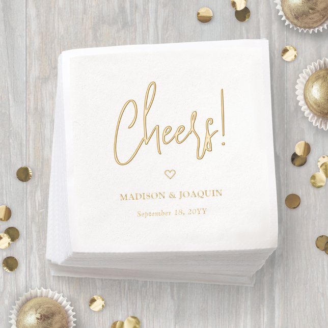Modern Script Cheers & Chic Simple Heart Wedding Foil Napkins (Creator Uploaded)