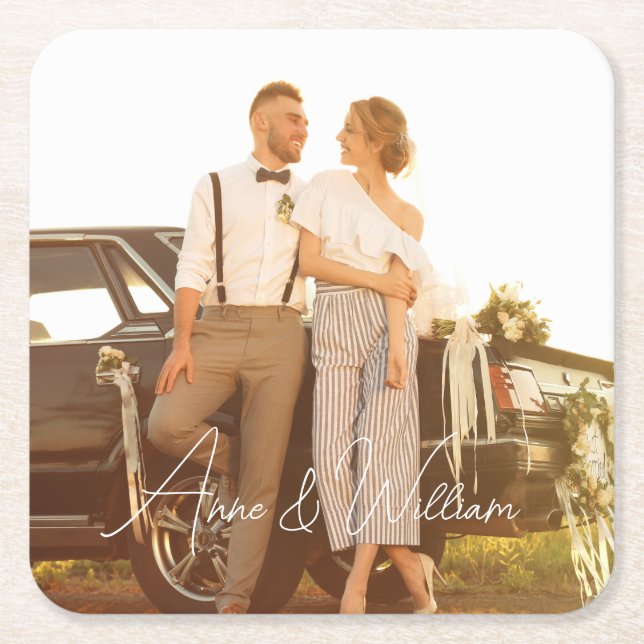 Modern Script Cheers To Love Photo Wedding Square Paper Coaster (Front)