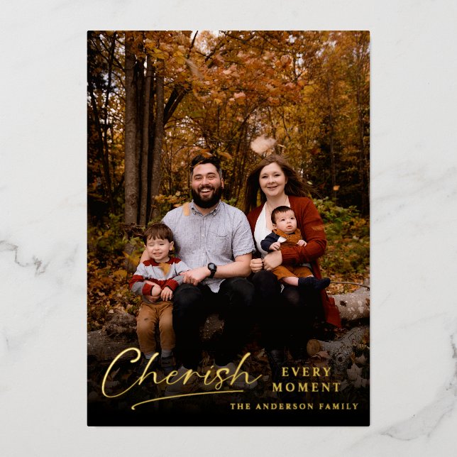 Modern Script Cherish Every Moment Floral Foil Holiday Card (Front)