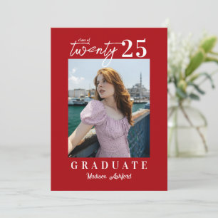 Modern Script Chic Red Photo Graduation Party Invitation