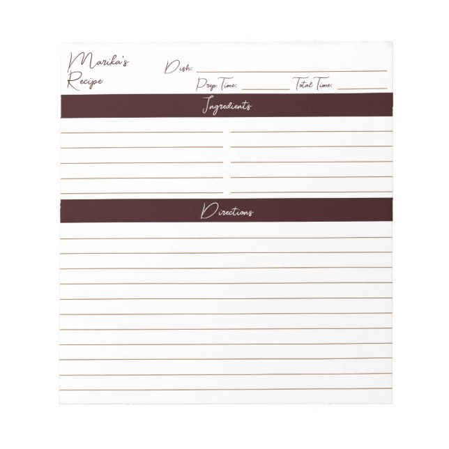 Modern Script Chocolate Brown Mix Recipes Notepad (Front)