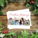 Modern Script Christmas Blessings Three Photo Holiday Postcard<br><div class="desc">This lovely holiday photo postcard features three photos and the greeting "Christmas Blessings". The design is simple yet elegant. This design accommodates two vertical and one horizontal photos. On the backside you will find plenty of space to write your own personal greeting and the address of the recipient. Postcards are...</div>